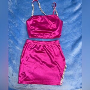 Shein SXY contrast sequin tape one shoulder satin top & slit skirt